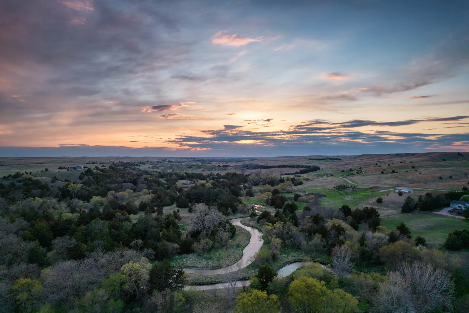 Drone photo of the Minnechaduza at sunset near Valentine, Nebraska